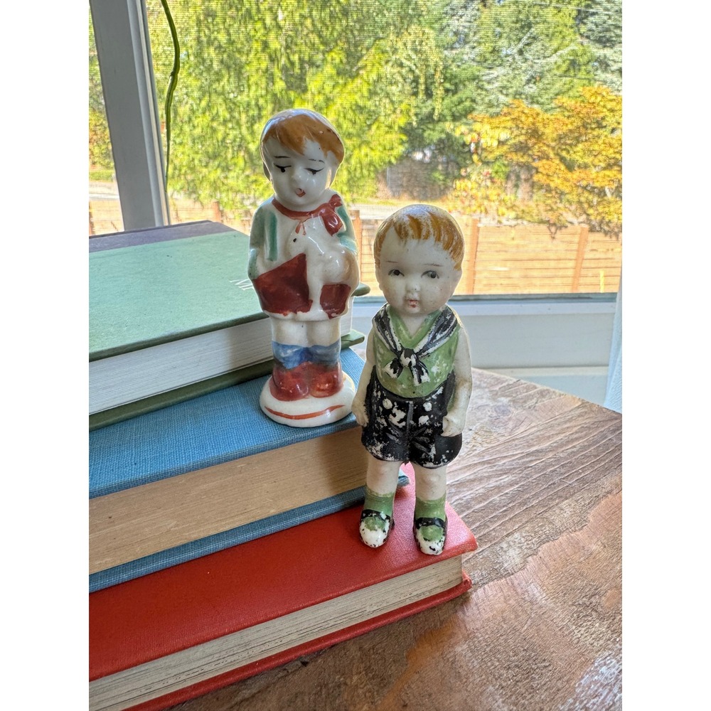 Vintage Hand Painted Bisque Porcelain Boy Figurines Set of 2 Penny Dolls Japan